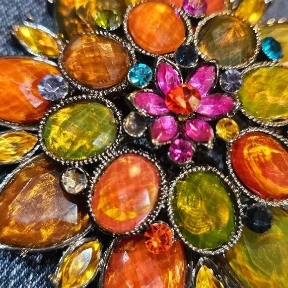 vintage boho whimsigoth jewel tone flower large brooch - Picture 2 of 3